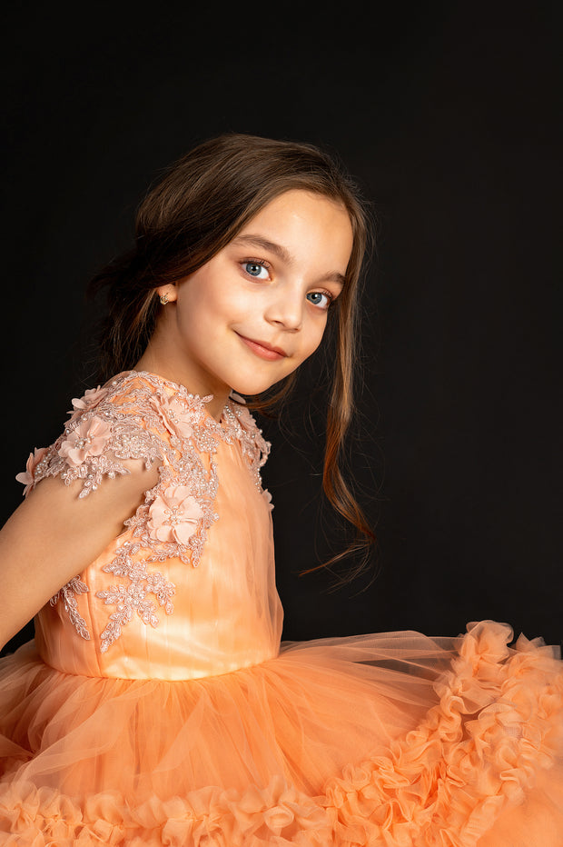 Princess dress in a salmon colour with ruffled tulle skirt