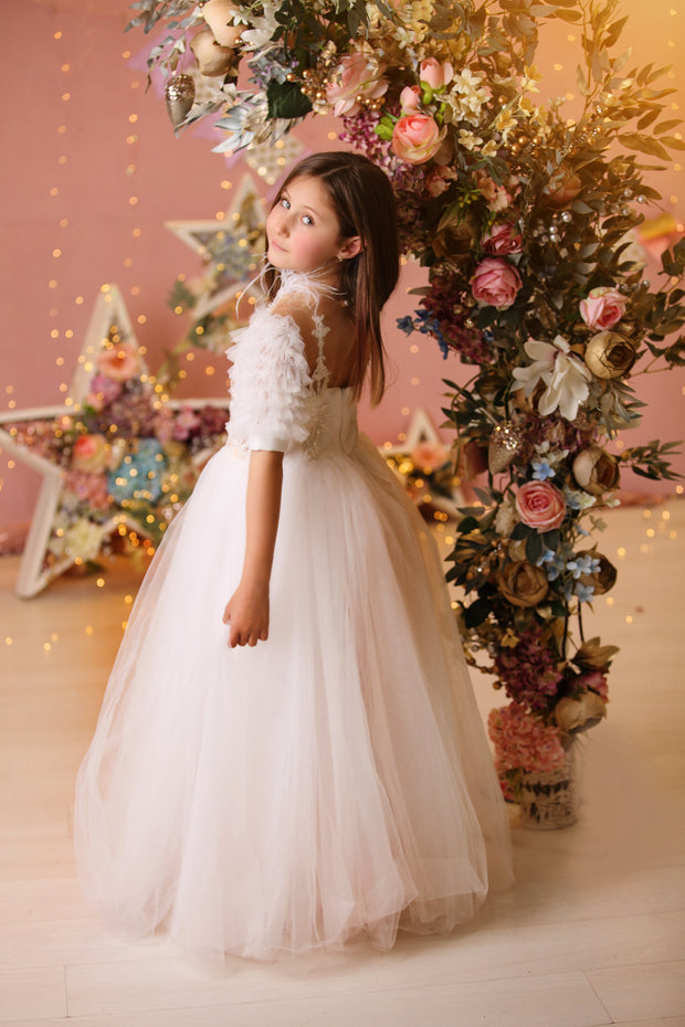 Kleid zum Mieten - Festliches langes weißes Mädchenkleid mit Stehkragen