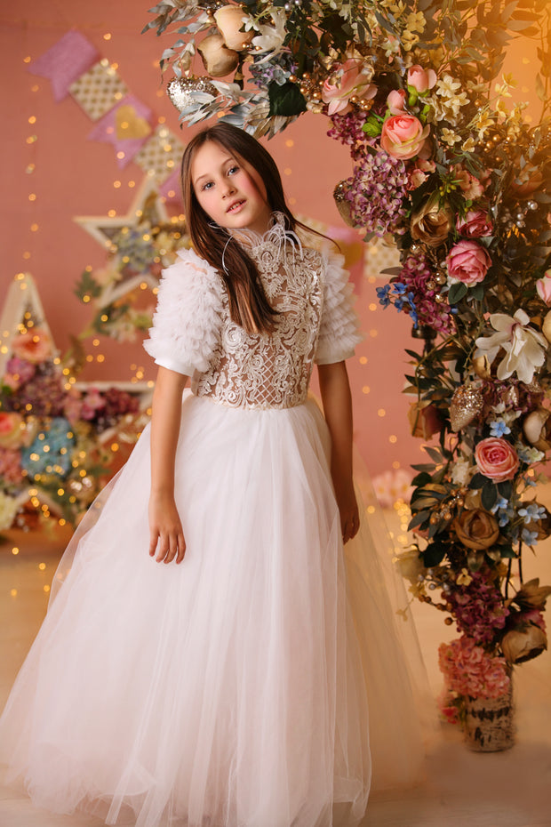 Long white festive girl dress with embroidered bodice, high collar and short tulle sleeves. The dress is for holiday season, Christmas, New Year, weddings, Eid, birthdays, parties, flower girls and other special formal events and occasions.