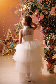 Kleid zum Mieten - Langes Blumenmädchenkleid aus Tüll mit Perlenverzierungen