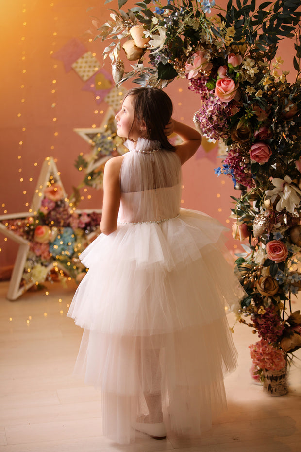 Kleid zum Mieten - Langes Blumenmädchenkleid aus Tüll mit Perlenverzierungen