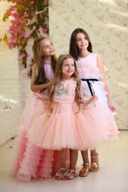 Long princess girl dress in bright pink with a long, ruffled tulle skirt and pleated tulle top with high collar. For special occasions: Wedding, Birthday party, Prom, Flower girl, Eid, and other events.