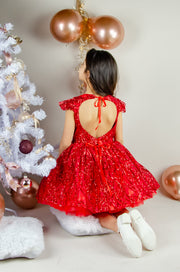 Festive red sequins baby girl dress with open back. The dress is for holiday season, Christmas, New Year, weddings, Eid, birthdays, parties, flower girls and other special formal events and occasions.