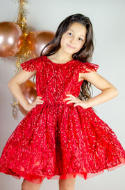 Festive red sequins baby girl dress with open back. The dress is for holiday season, Christmas, New Year, weddings, Eid, birthdays, parties, flower girls and other special formal events and occasions.