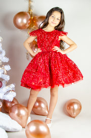 Festive red sequins baby girl dress with open back. The dress is for holiday season, Christmas, New Year, weddings, Eid, birthdays, parties, flower girls and other special formal events and occasions.