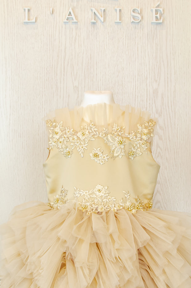 Unique, handmade beige gold girl tulle dress for special occasions, ruffled tulle skirt, ruffled neckline and satin top with flower and pearl embellishments, midi length