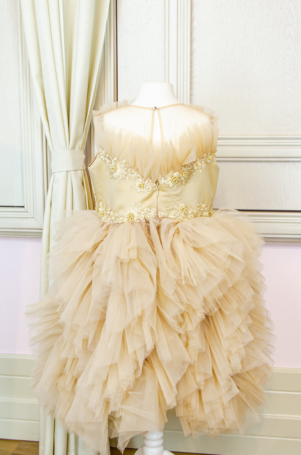 Unique, handmade beige gold girl tulle dress for special occasions, ruffled tulle skirt, ruffled neckline and satin top with flower and pearl embellishments, midi length