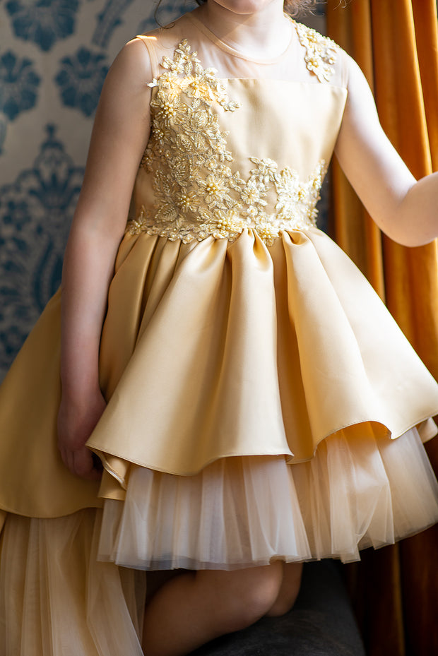 Handmade, festive, girl party dress with a high-low hem, satin train, tulle skirt, floral embroidery and a big satin bow