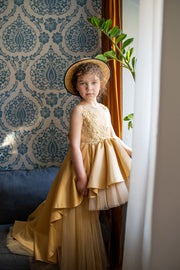 Handmade, festive, girl party dress with a high-low hem, satin train, tulle skirt, floral embroidery and a big satin bow