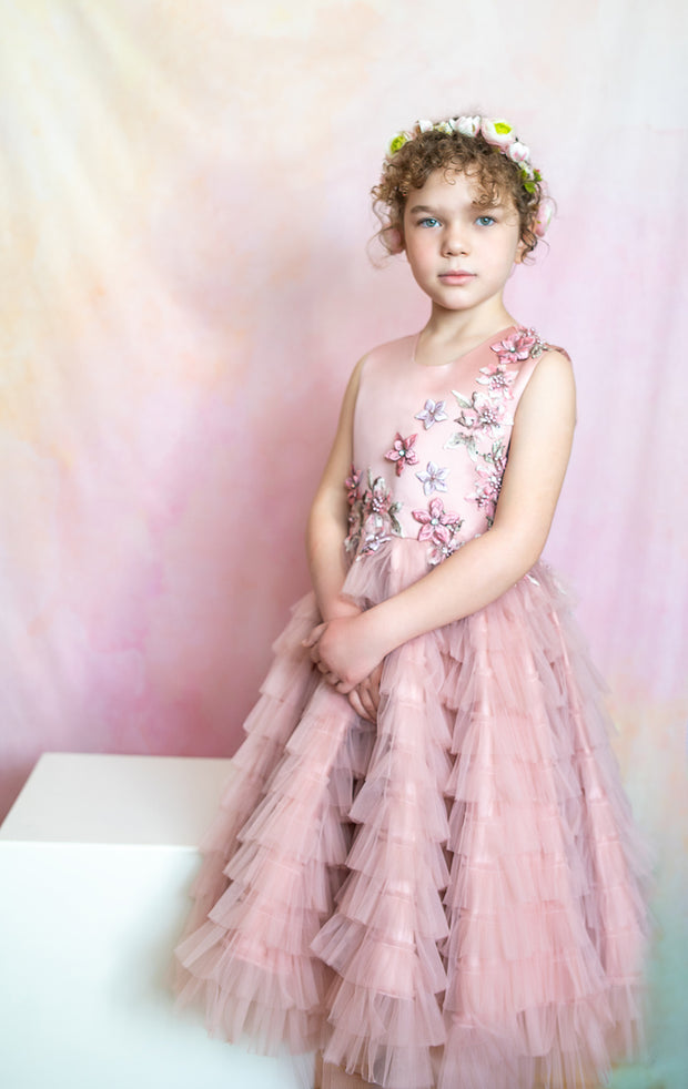 handmade, princess flower girl dress with ruffled tulle layers and floral embroidery