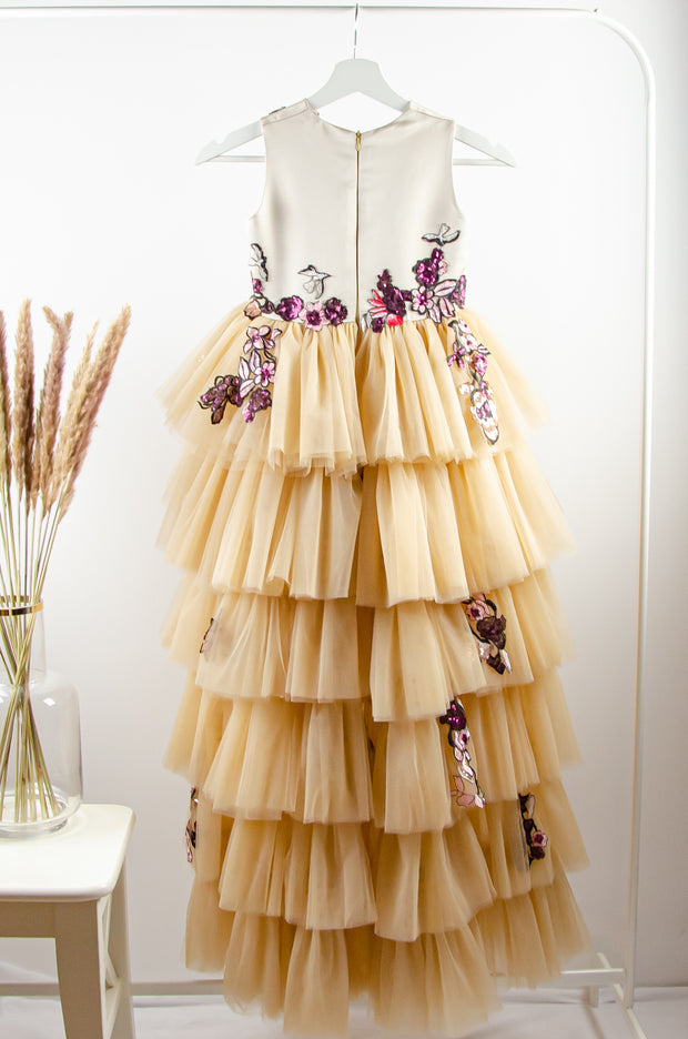 custom made personalised high-low hemline girl tulle dress in beige with sequin embroidery