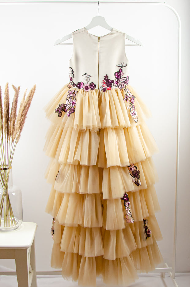 custom made personalised high-low hemline girl tulle dress in beige with sequin embroidery