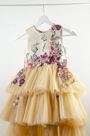 custom made personalised high-low hemline girl tulle dress in beige with sequin embroidery