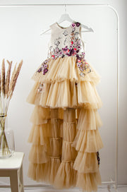 custom made personalised high-low hemline girl tulle dress in beige with sequin embroidery