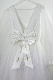 custom made, personalised women's dress, mommy and me, white tulle dress with transparent sleeves and gold embroidery