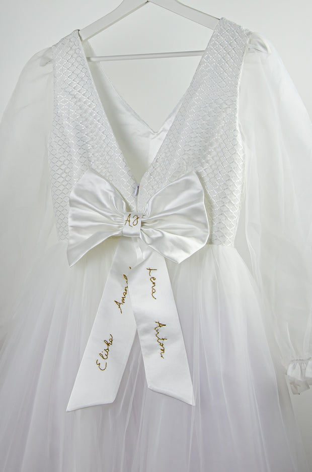 custom made, personalised women's dress, mommy and me, white tulle dress with transparent sleeves and gold embroidery