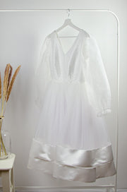 custom made, personalised women's dress, mommy and me, white tulle dress with transparent sleeves and gold embroidery