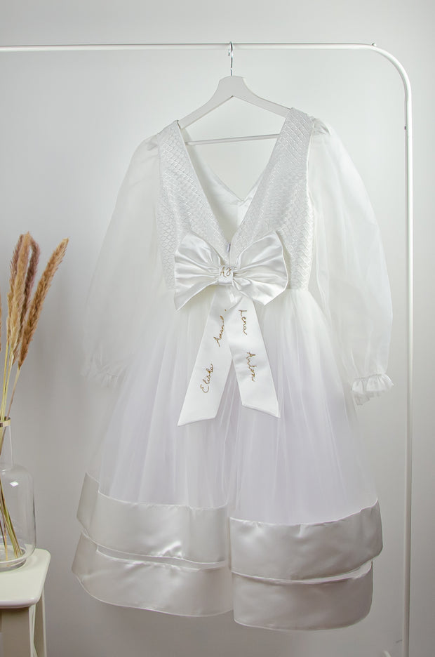 custom made, personalised women's dress, mommy and me, white tulle dress with transparent sleeves and gold embroidery