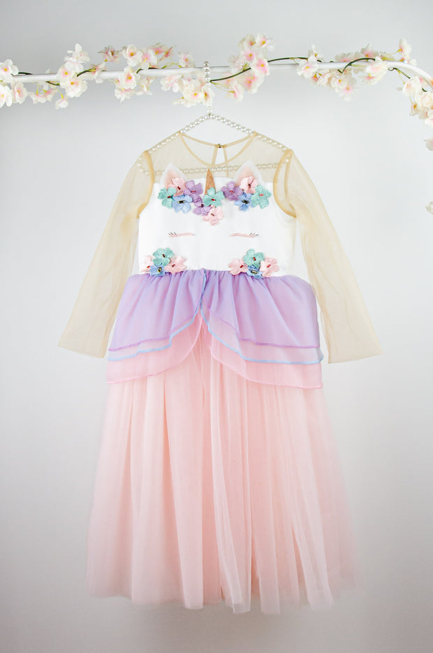 Customised tulle girl dress with unicorn details