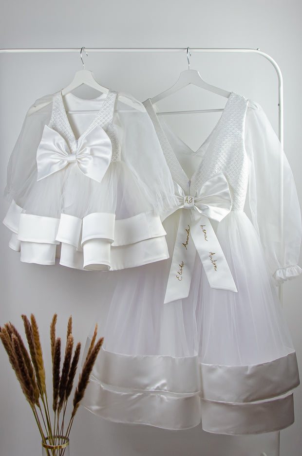 custom made, personalised women's dress, mommy and me, white tulle dress with transparent sleeves and gold embroidery