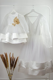 custom made, personalised women's dress, mommy and me, white tulle dress with transparent sleeves and gold embroidery