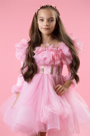 Bright pink high-low hemline girl dress for special occasions. Modern princess girl dress with a bright pink tutu skirt and long tulle train. Satin, long-sleeved top is embellished with gold sequins and feather details. Handmade with love. Occasions: Wedding, Birthday party, Prom, Flower girl, Eid and other events.