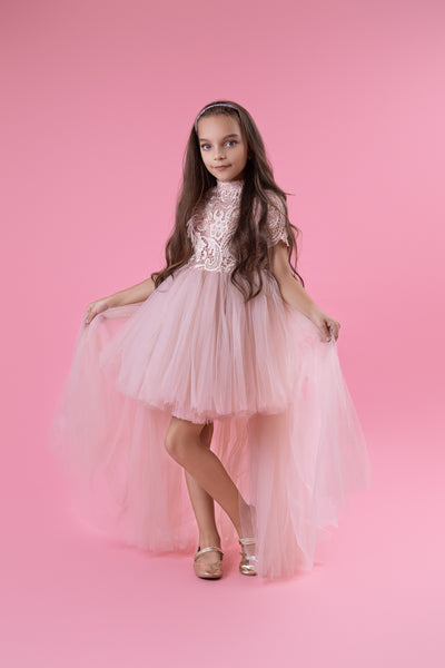 Pink high-low hemline flower girl dress for special occasions.Modern flower girl dress with a pink tutu skirt and long tulle train. Delicate lace top with short sleeves, high collar and feather details add finishing touches to this exceptional dress. Handmade with love. Girl dress for special occasions: Wedding, Birthday party, Prom, Flower girl, Eid and other events.