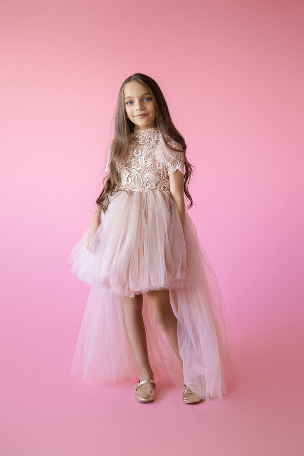 Pink high-low hemline flower girl dress for special occasions.Modern flower girl dress with a pink tutu skirt and long tulle train. Delicate lace top with short sleeves, high collar and feather details add finishing touches to this exceptional dress. Handmade with love. Girl dress for special occasions: Wedding, Birthday party, Prom, Flower girl, Eid and other events.