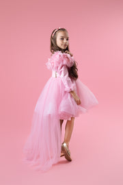 Bright pink high-low hemline girl dress for special occasions. Modern princess girl dress with a bright pink tutu skirt and long tulle train. Satin, long-sleeved top is embellished with gold sequins and feather details. Handmade with love. Occasions: Wedding, Birthday party, Prom, Flower girl, Eid and other events.