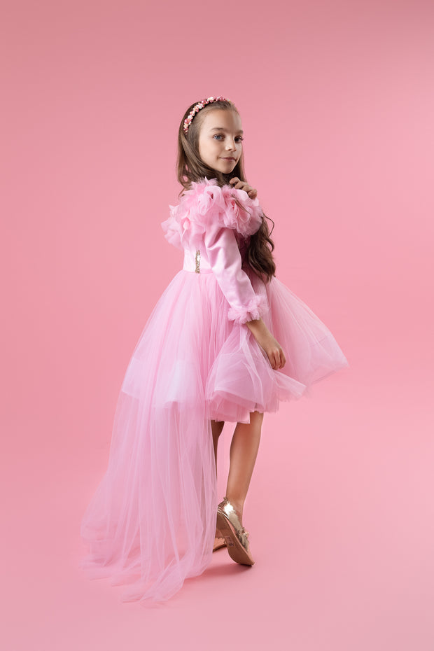 Bright pink high-low hemline girl dress for special occasions. Modern princess girl dress with a bright pink tutu skirt and long tulle train. Satin, long-sleeved top is embellished with gold sequins and feather details. Handmade with love. Occasions: Wedding, Birthday party, Prom, Flower girl, Eid and other events.