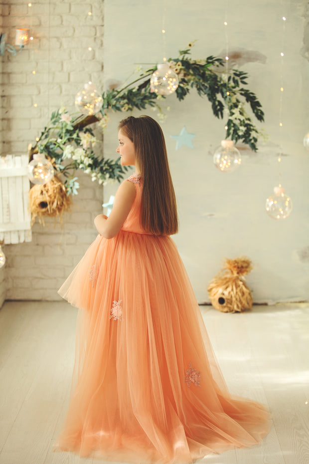 Peach princess dress with a high low skirt and floral embellishments. Perfect for any spring or summer ocassion: weddings, flower girls dress, communion, birthday party, Eid