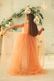 Peach princess dress with a high low skirt and floral embellishments. Perfect for any spring or summer ocassion: weddings, flower girls dress, communion, birthday party, Eid