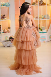 High-low hemline girl princess in a gold brown colour, with a tulle skirt, long tulle train, satin top with gold floral embroidery. For special occasions: Wedding, Birthday party, Prom, Flower girl, Eid, and other events.