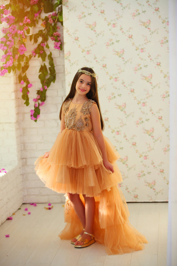 High-low hemline girl princess in a gold brown colour, with a tulle skirt, long tulle train, satin top with gold floral embroidery. For special occasions: Wedding, Birthday party, Prom, Flower girl, Eid, and other events.