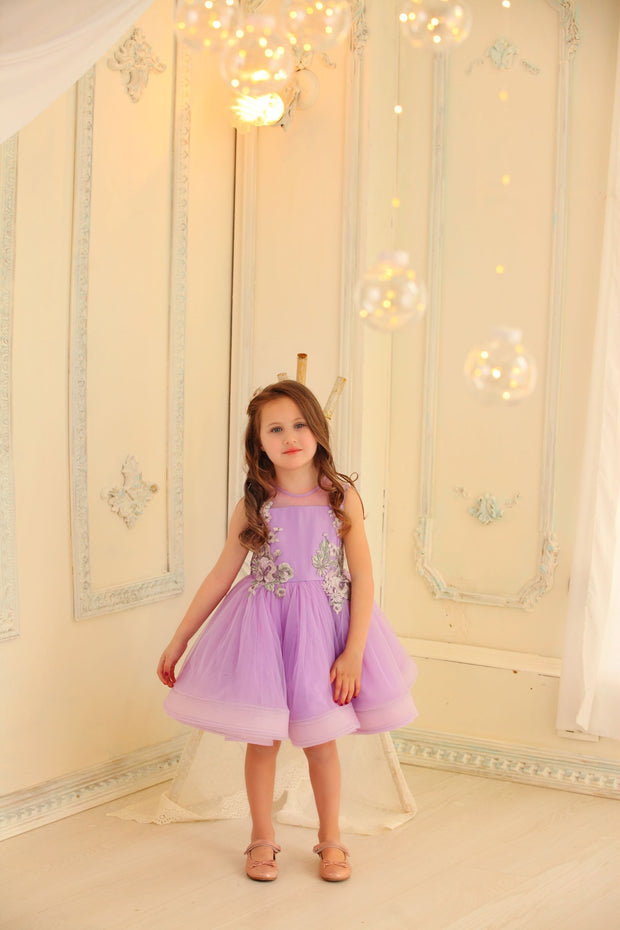 purple tulle girl dress with floral embellishment