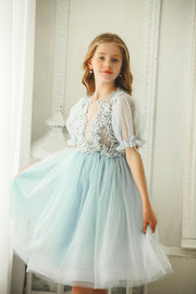 Baby blue princess sleeve midi girl dress with embroidered tulle top. Suitable for her Cinderella moment. Perfect for any special occasions: flower girls, weddings, birthday party, communion.