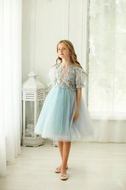 Baby blue princess sleeve midi girl dress with embroidered tulle top. Suitable for her Cinderella moment. Perfect for any special occasions: flower girls, weddings, birthday party, communion.