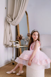 Knee-length light pink tulle dress for girls with a voluminous tulle skirt, tulle top and sequin details. Handmade with love. For special occasions: Wedding, Birthday party, Prom, Flower girl, Eid, and other events.