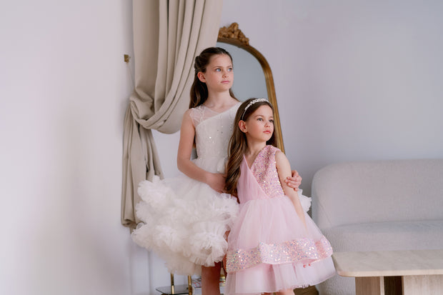 Knee-length light pink tulle dress for girls with a voluminous tulle skirt, tulle top and sequin details. Handmade with love. For special occasions: Wedding, Birthday party, Prom, Flower girl, Eid, and other events.