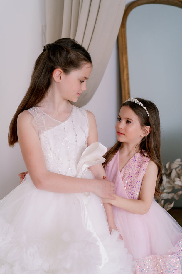 Knee-length light pink tulle dress for girls with a voluminous tulle skirt, tulle top and sequin details. Handmade with love. For special occasions: Wedding, Birthday party, Prom, Flower girl, Eid, and other events.