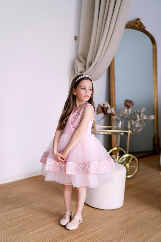Knee-length light pink tulle dress for girls with a voluminous tulle skirt, tulle top and sequin details. Handmade with love. For special occasions: Wedding, Birthday party, Prom, Flower girl, Eid, and other events.