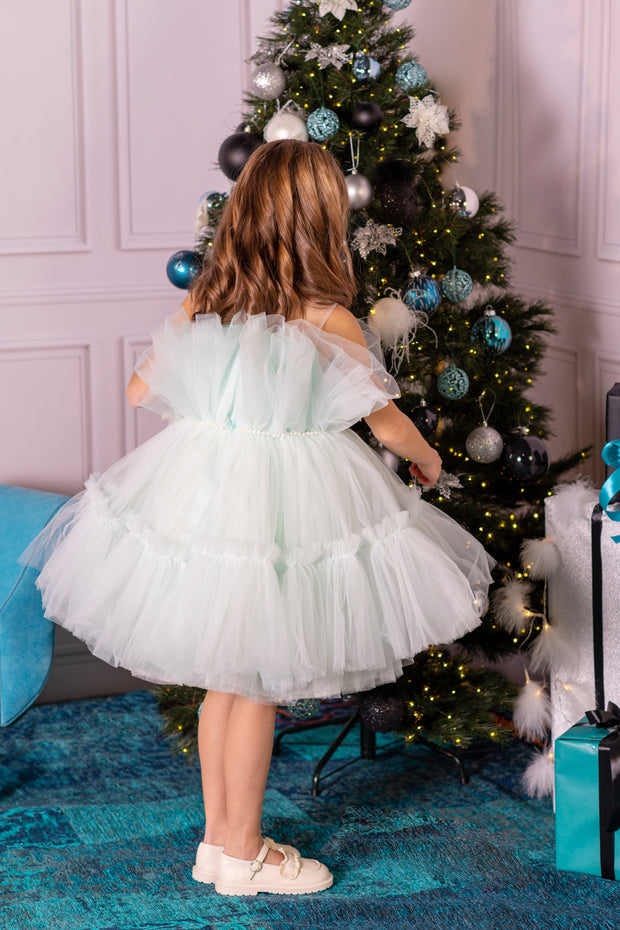 Festive knee-length elegant girl dress in a light blue colour with a voluminous tulle skirt and top embellished with a pearl ribbon at the waistline. For special occasions: Christmas, New Year, Wedding, Birthday party, Prom, Flower girl, Eid, and other events.
