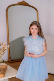 Knee-length A-line girls' dress in light blue with a soft tulle skirt, feather and beads embellished sleeveless top. Handmade with love. For special occasions: Wedding, Birthday party, Prom, Flower girl, Eid, and other events.