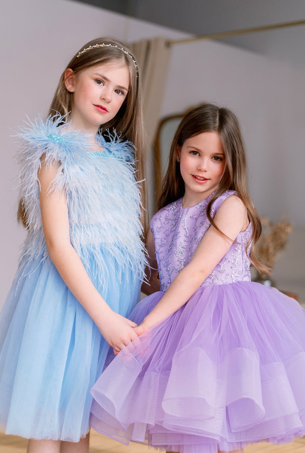 Knee-length A-line girls' dress in light blue with a soft tulle skirt, feather and beads embellished sleeveless top. Handmade with love. For special occasions: Wedding, Birthday party, Prom, Flower girl, Eid, and other events.