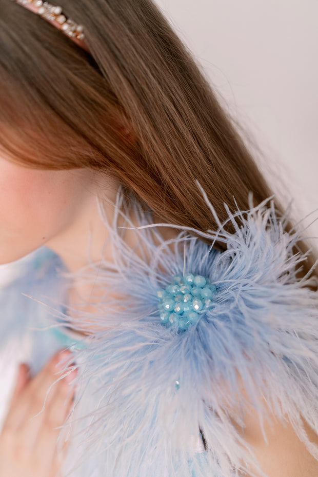 Knee-length A-line girls' dress in light blue with a soft tulle skirt, feather and beads embellished sleeveless top. Handmade with love. For special occasions: Wedding, Birthday party, Prom, Flower girl, Eid, and other events.