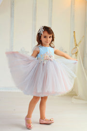 little girl dresses in  blue and pink tulle dress for birthday and special events