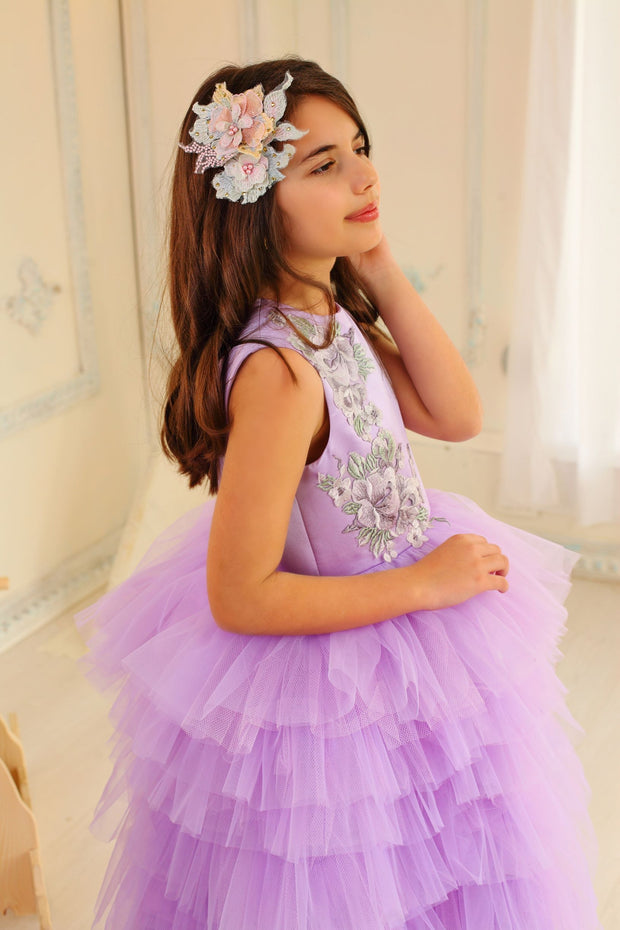 purple tulle girl dress with floral embellishment for special occasions