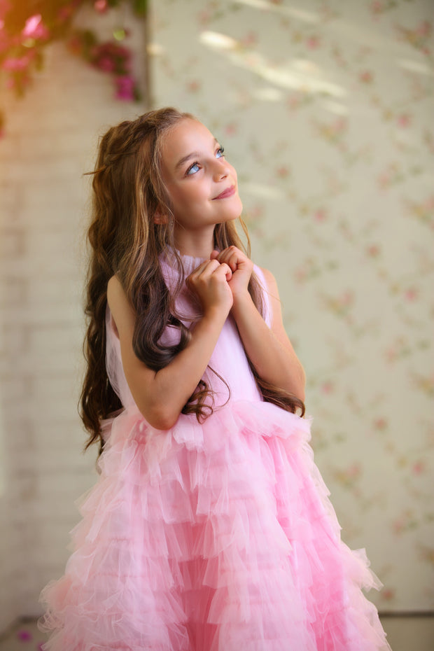 Long princess girl dress in bright pink with a long, ruffled tulle skirt and pleated tulle top with high collar. For special occasions: Wedding, Birthday party, Prom, Flower girl, Eid, and other events.