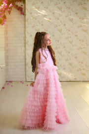 Long princess girl dress in bright pink with a long, ruffled tulle skirt and pleated tulle top with high collar. For special occasions: Wedding, Birthday party, Prom, Flower girl, Eid, and other events.