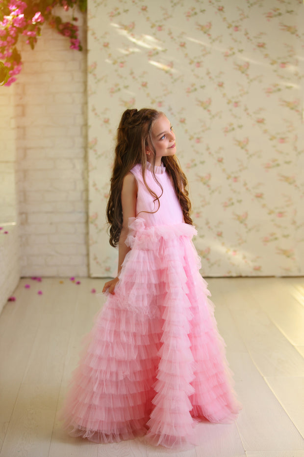 Long princess girl dress in bright pink with a long, ruffled tulle skirt and pleated tulle top with high collar. For special occasions: Wedding, Birthday party, Prom, Flower girl, Eid, and other events.